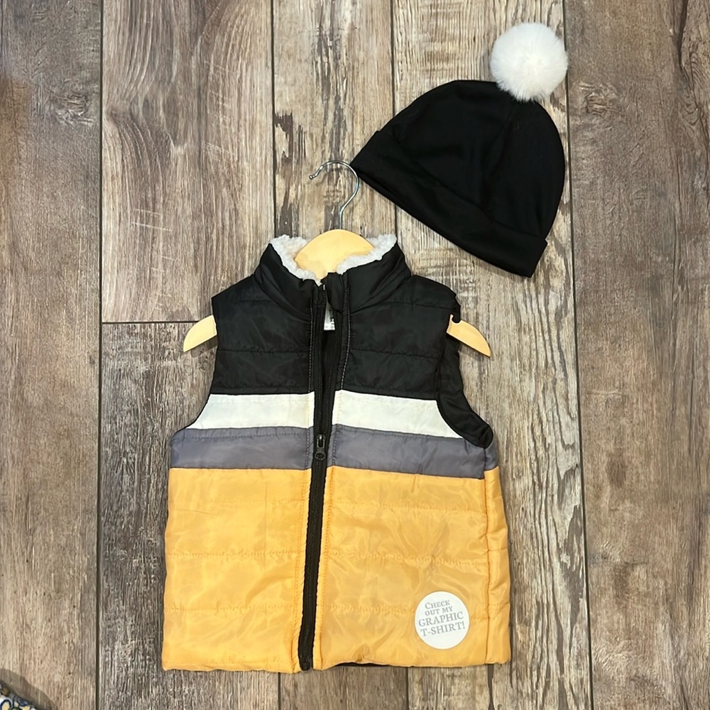Puffer Vest with Pom Beanie